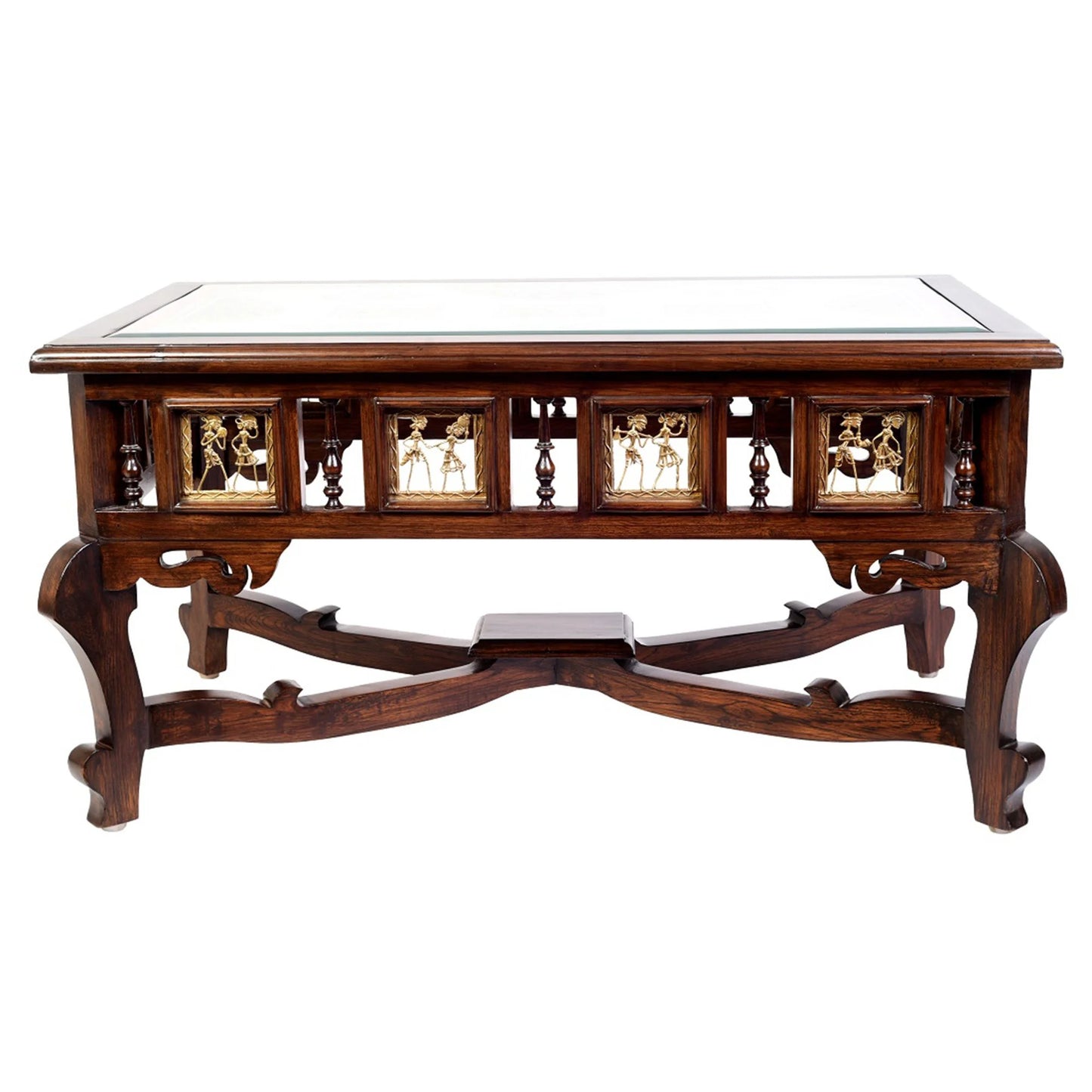 Voila Solid Teakwood Rectangular Coffee Table – 36-Inch Traditional Walnut Finish Center Table with Dhokra Metalcraft and Hand-Painted Art
