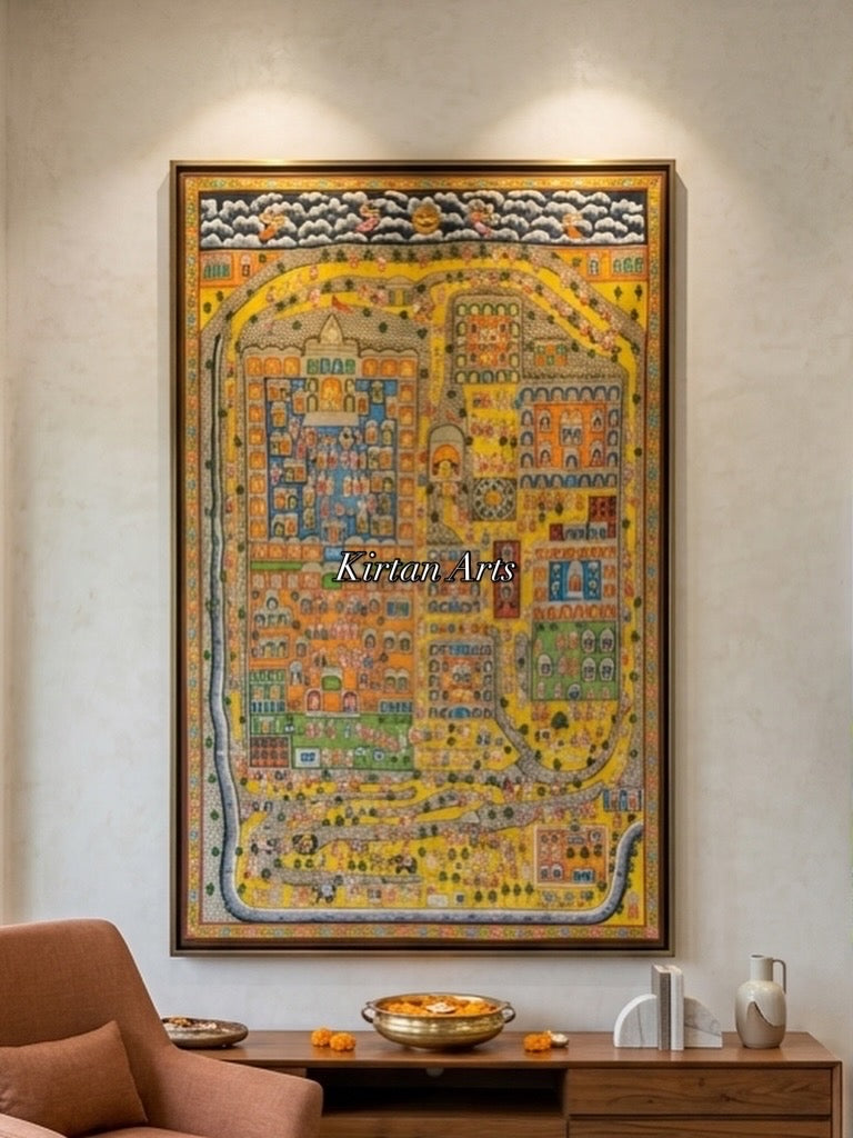 Grand 6.5ft x 4ft Palitana Pat | Hand-Painted Jain Pilgrimage Map | Orange Edition