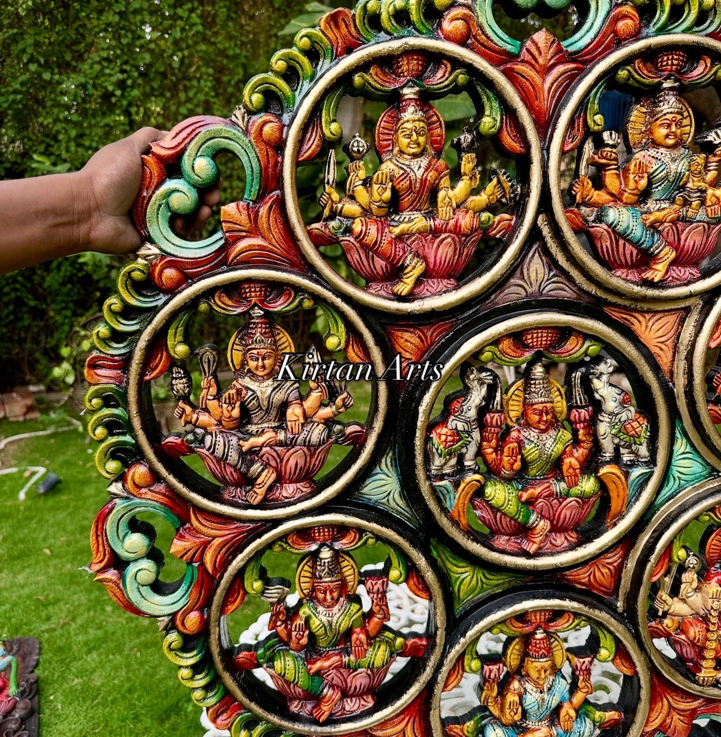 Wood Carved Ashtalakshmi Circular Wall Panel | 36”x36”