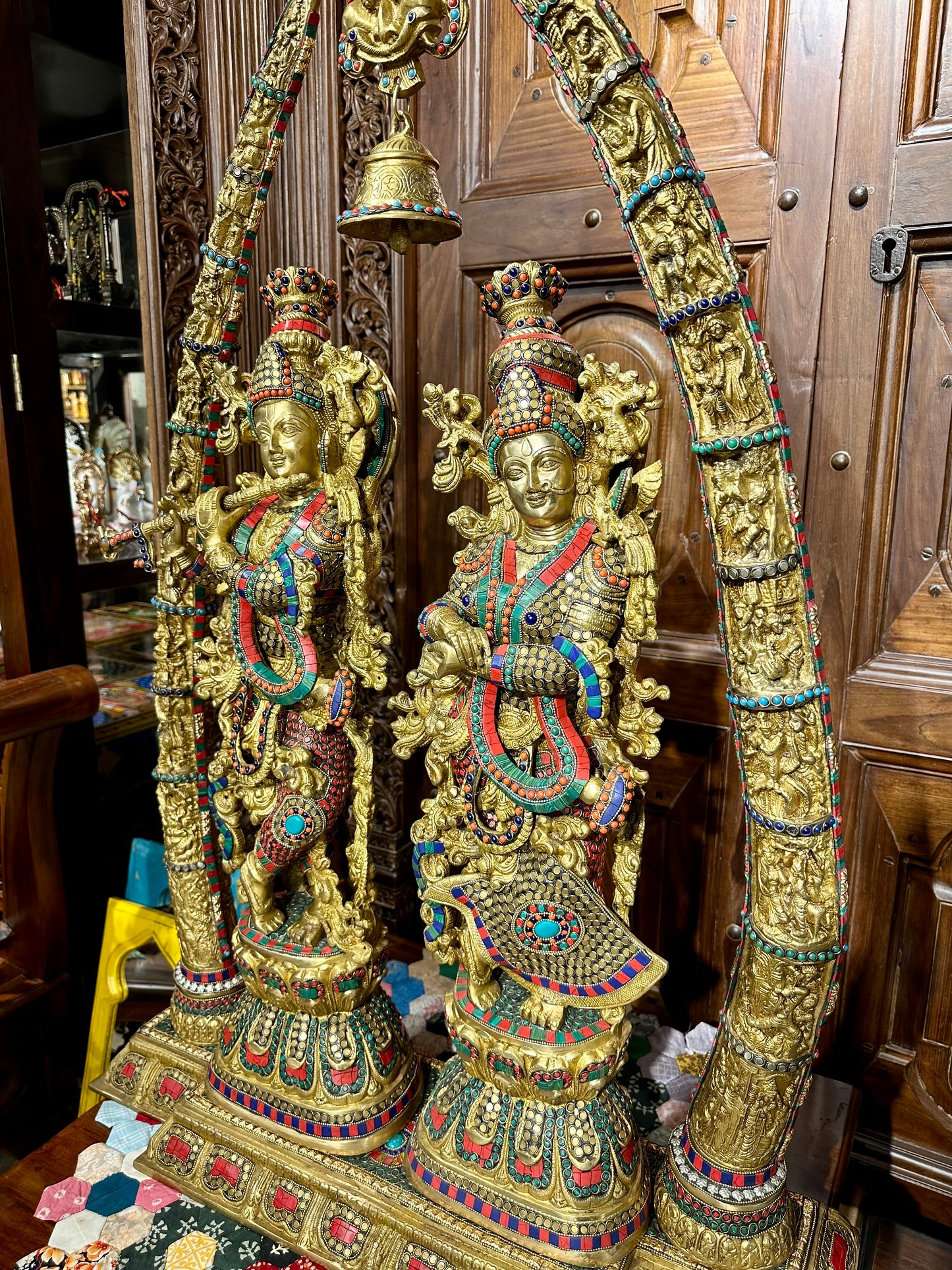 Brass RadhaKrishna with Tusks Stonework 45"