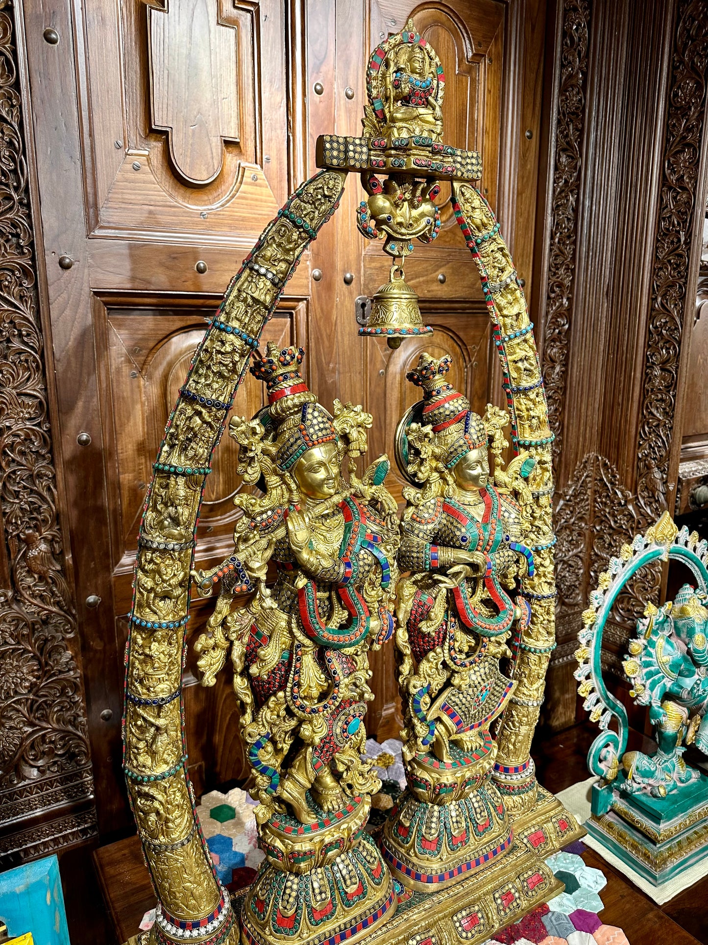 Brass RadhaKrishna with Tusks Stonework 45"