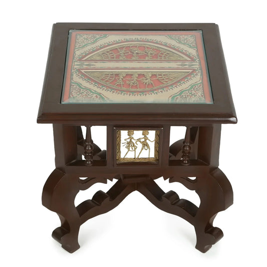 Munich Premium Teakwood 16-Inch Bedside Table – Oriental Legs with Warli & Dhokra Art