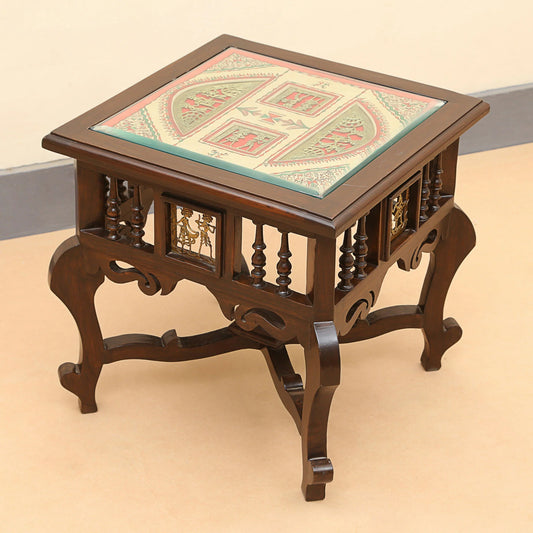 Munich-II Premium Teakwood 18-Inch Bedside Table – Oriental Legs with Warli & Dhokra Art