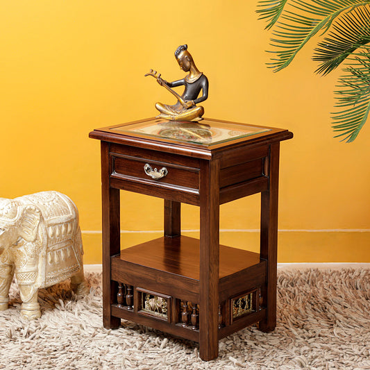 Myra-I Premium Teakwood Side Table – 24-Inch Accent Table with Drawer, Warli & Dhokra Art