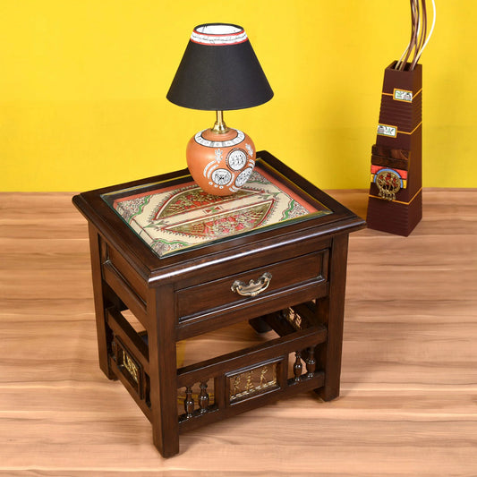 Myra Premium Teakwood Side Table – 18-Inch Accent Table with Drawer, Warli & Dhokra Art