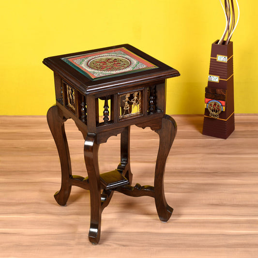 Karma Premium Teakwood End Table – 14-Inch Square Accent Table with Warli & Dhokra Art