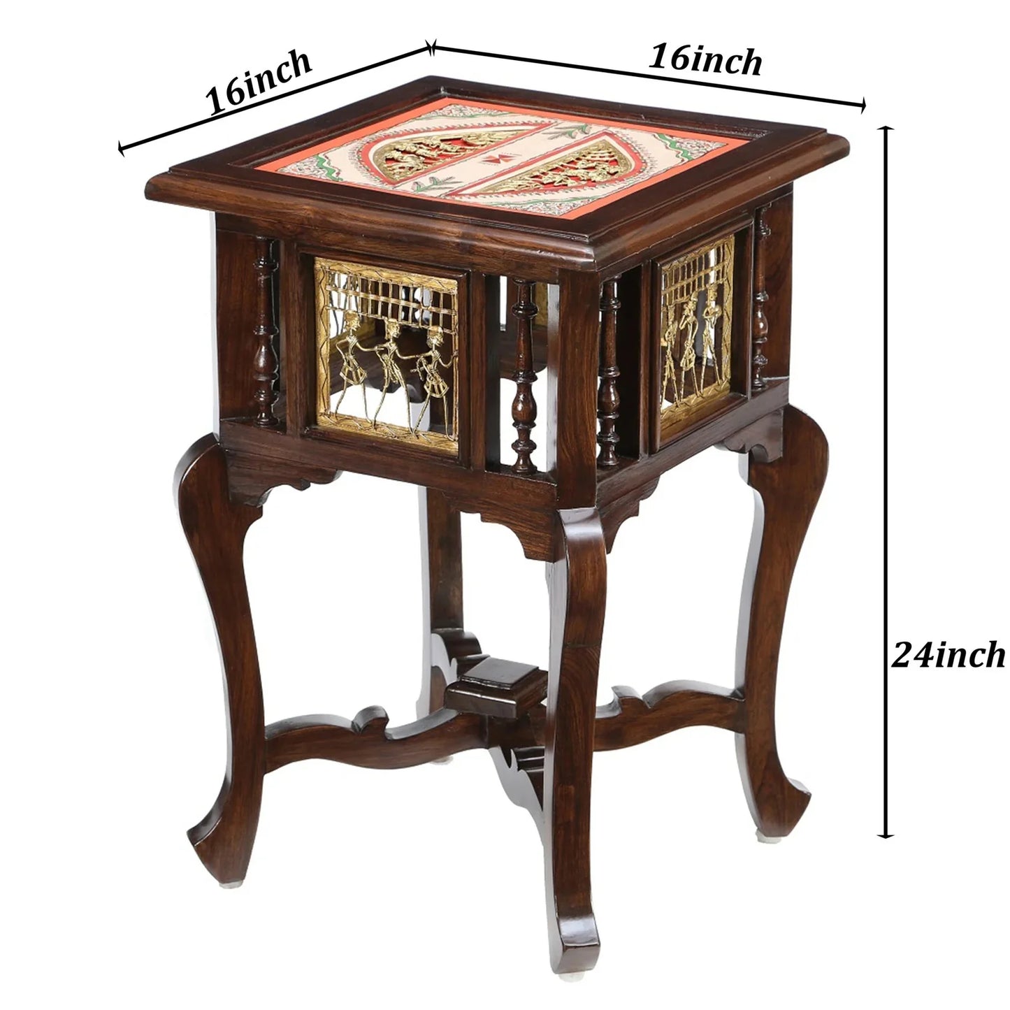 Harbi Premium Teakwood End Table – 16-Inch Square Accent Table with Warli & Dhokra
