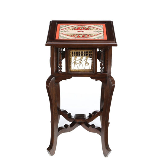 Nirvan Premium Teakwood 30-Inch Tall End Table – Warli & Dhokra Art Accents