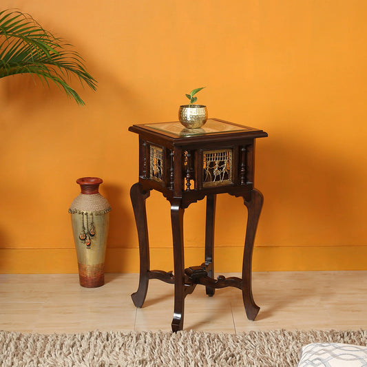 Nirvan Premium Teakwood 30-Inch Tall End Table – Warli & Dhokra Art Accents