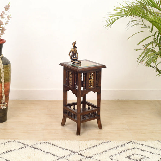 Nyra Premium Teakwood Planter Stand – 24-Inch Tall Accent Table with Warli & Dhokra Art