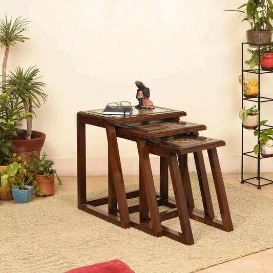 Honey-I Premium Teakwood Nest of Tables – Set of 3 Jali Accent Tables in Walnut Matte Finish