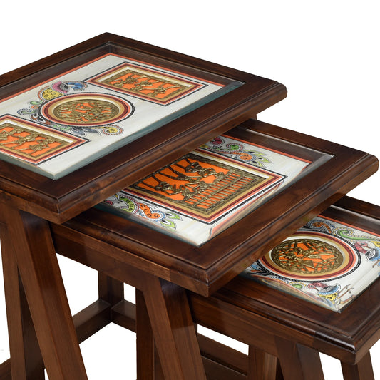 Honey-I Premium Teakwood Nest of Tables – Set of 3 Jali Accent Tables in Walnut Matte Finish