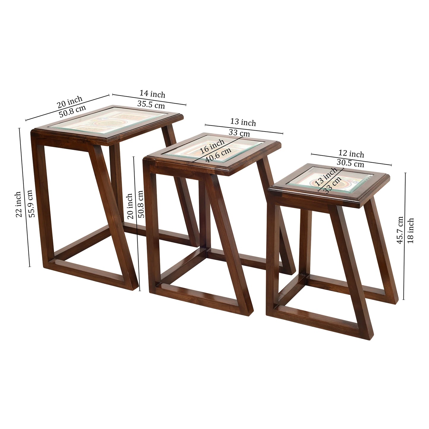 Honey-I Premium Teakwood Nest of Tables – Set of 3 Jali Accent Tables in Walnut Matte Finish