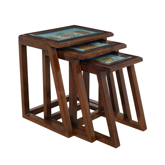 Honey Premium Teakwood Nest of Tables – Set of 3 Accent Tables in Walnut Matte Finish