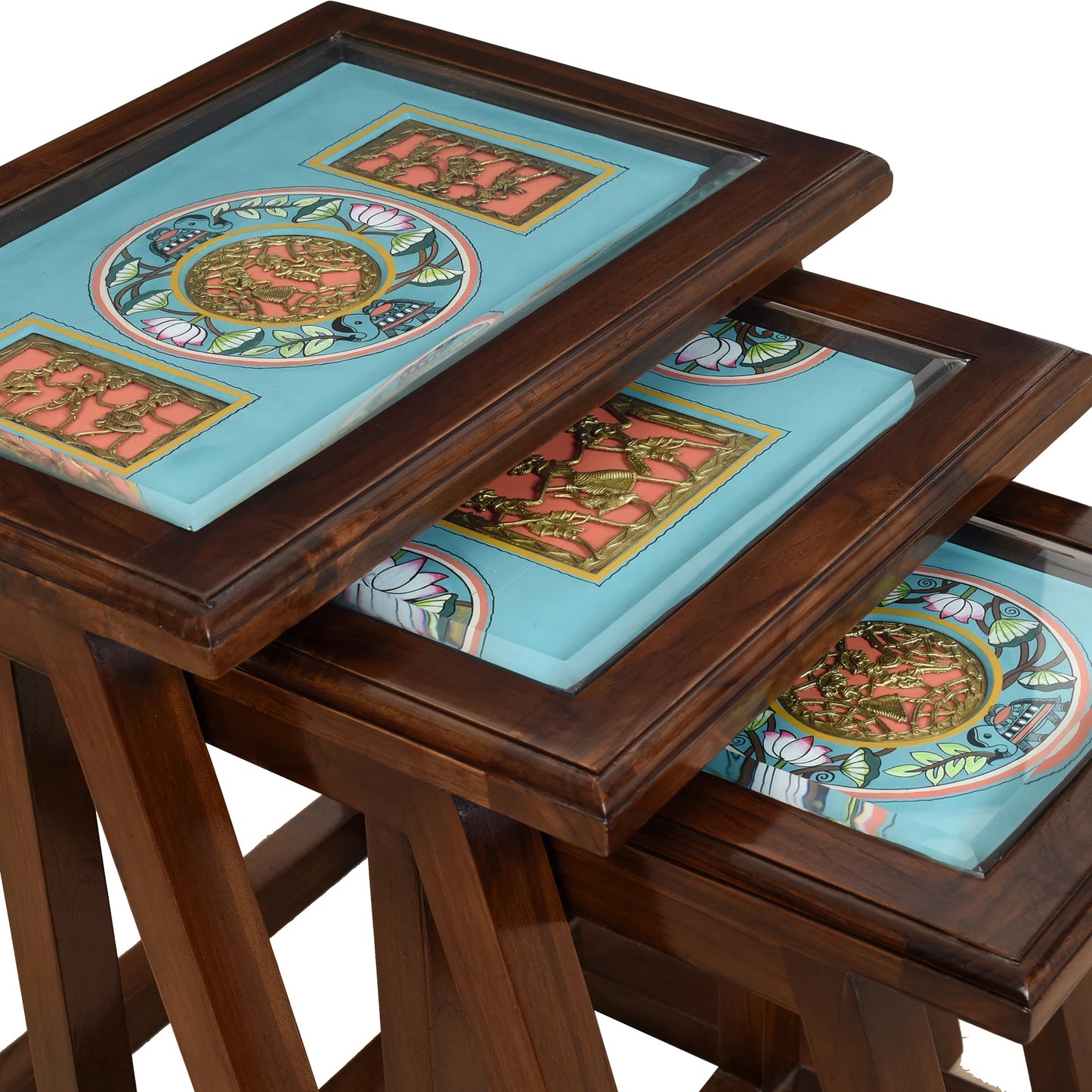 Honey Premium Teakwood Nest of Tables – Set of 3 Accent Tables in Walnut Matte Finish