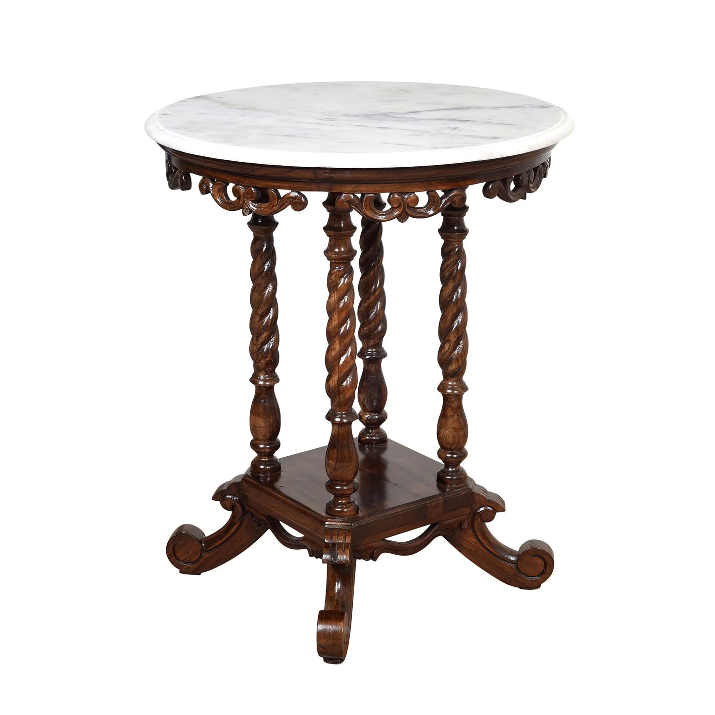 Fiona Premium Teakwood End Table – 24-Inch Round White Marble Top & Walnut Finish