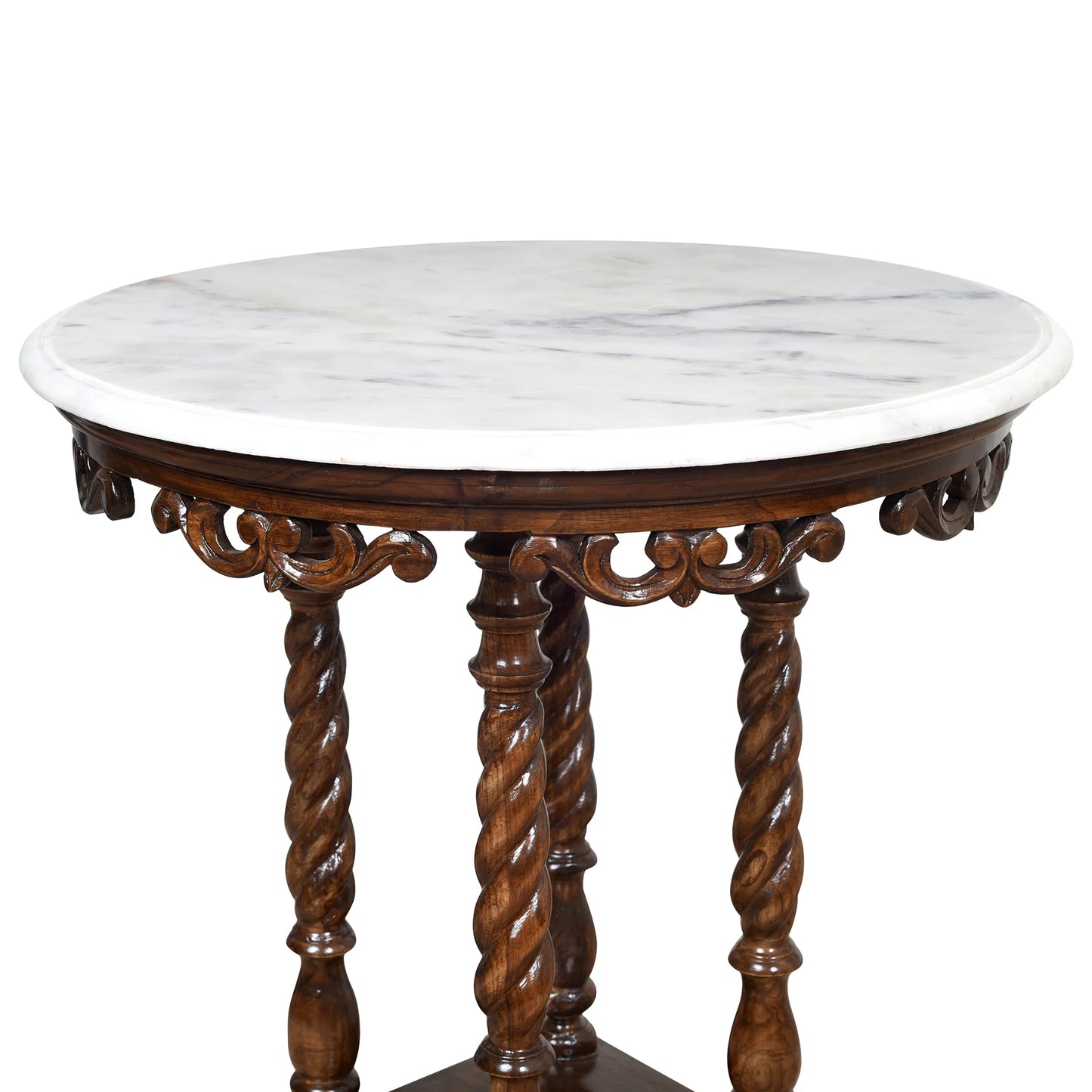 Fiona Premium Teakwood End Table – 24-Inch Round White Marble Top & Walnut Finish
