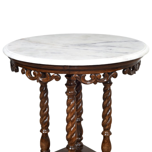 Fiona Premium Teakwood End Table – 24-Inch Round White Marble Top & Walnut Finish