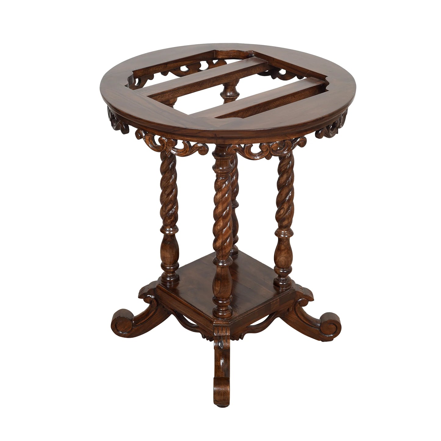 Fiona Premium Teakwood End Table – 24-Inch Round White Marble Top & Walnut Finish