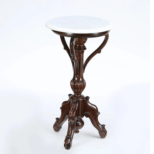 Faye End Table in Teakwood with Walnut Finish and Round Marble Top 29"