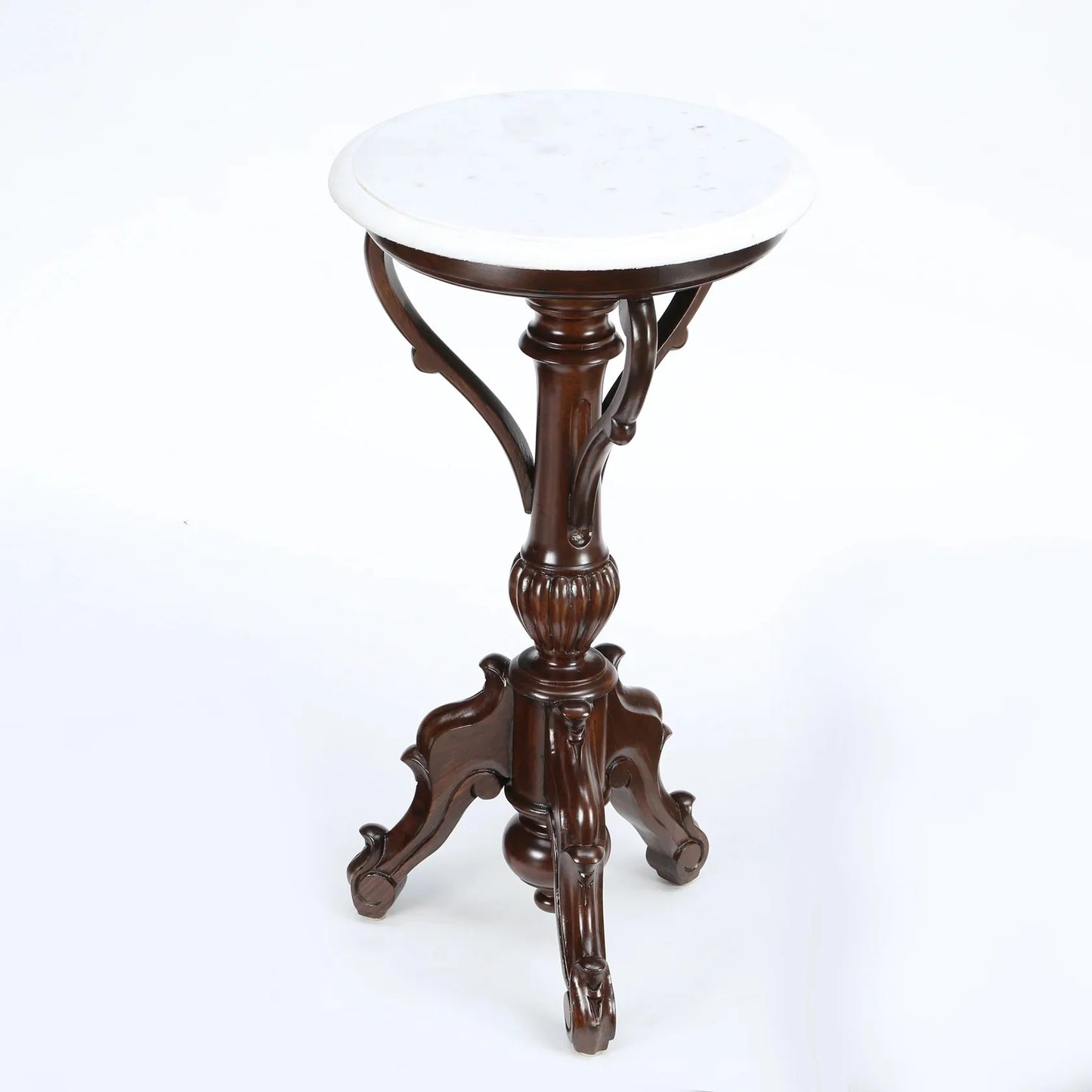 Faye End Table in Teakwood with Walnut Finish and Round Marble Top 29"
