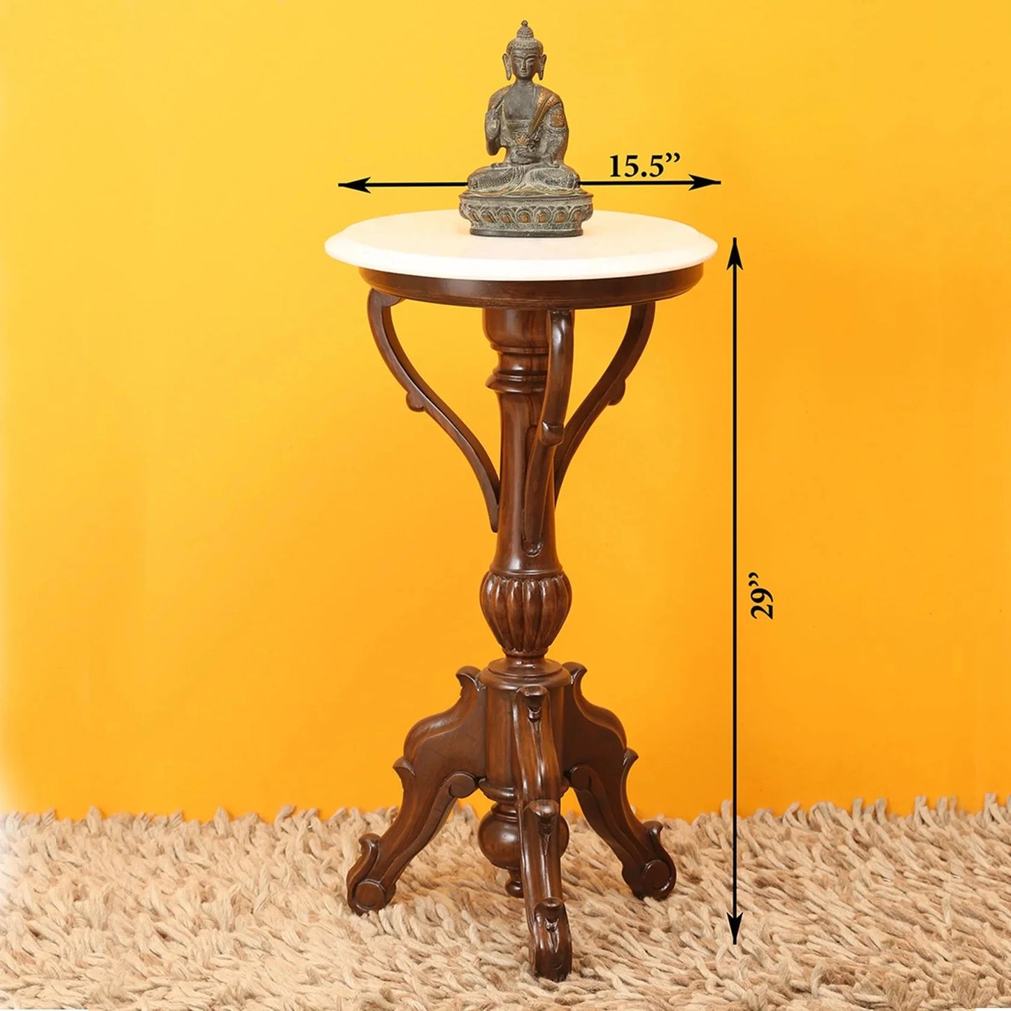 Faye End Table in Teakwood with Walnut Finish and Round Marble Top 29"