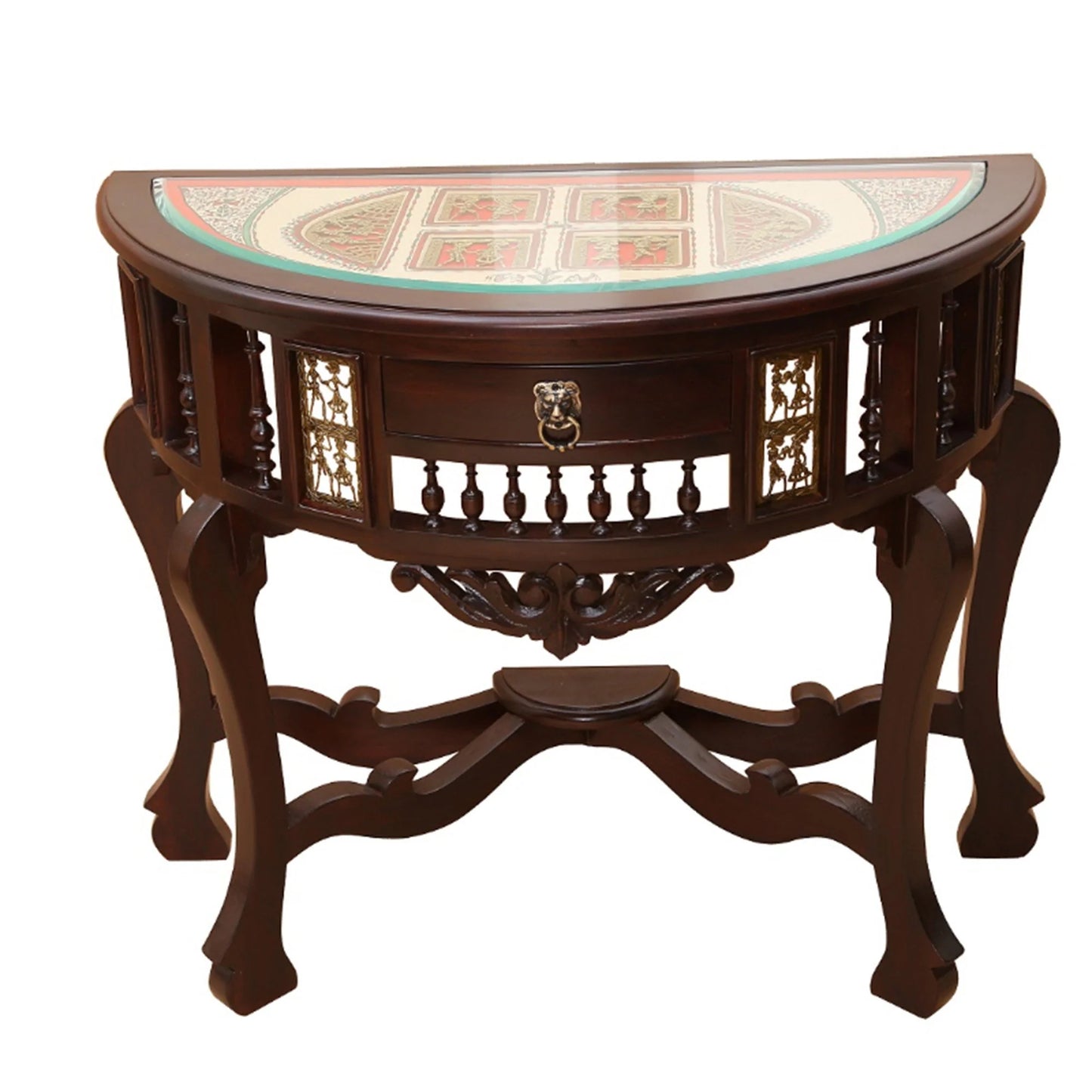 Awadh Solid Teakwood Console Table – 36-Inch Traditional Walnut Finish Foyer Table with Dhokra Metalcraft and Hand-Painted Art
