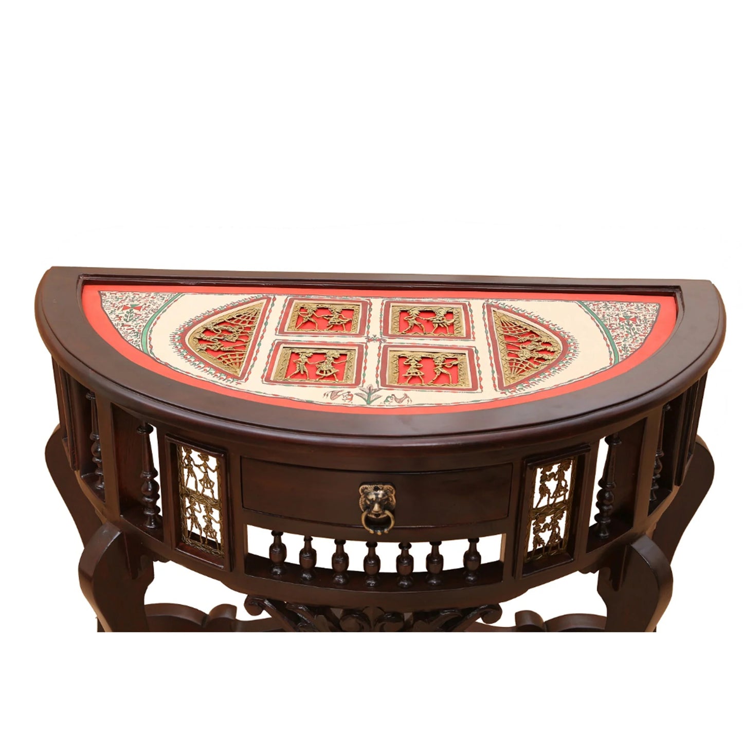 Awadh Solid Teakwood Console Table – 36-Inch Traditional Walnut Finish Foyer Table with Dhokra Metalcraft and Hand-Painted Art