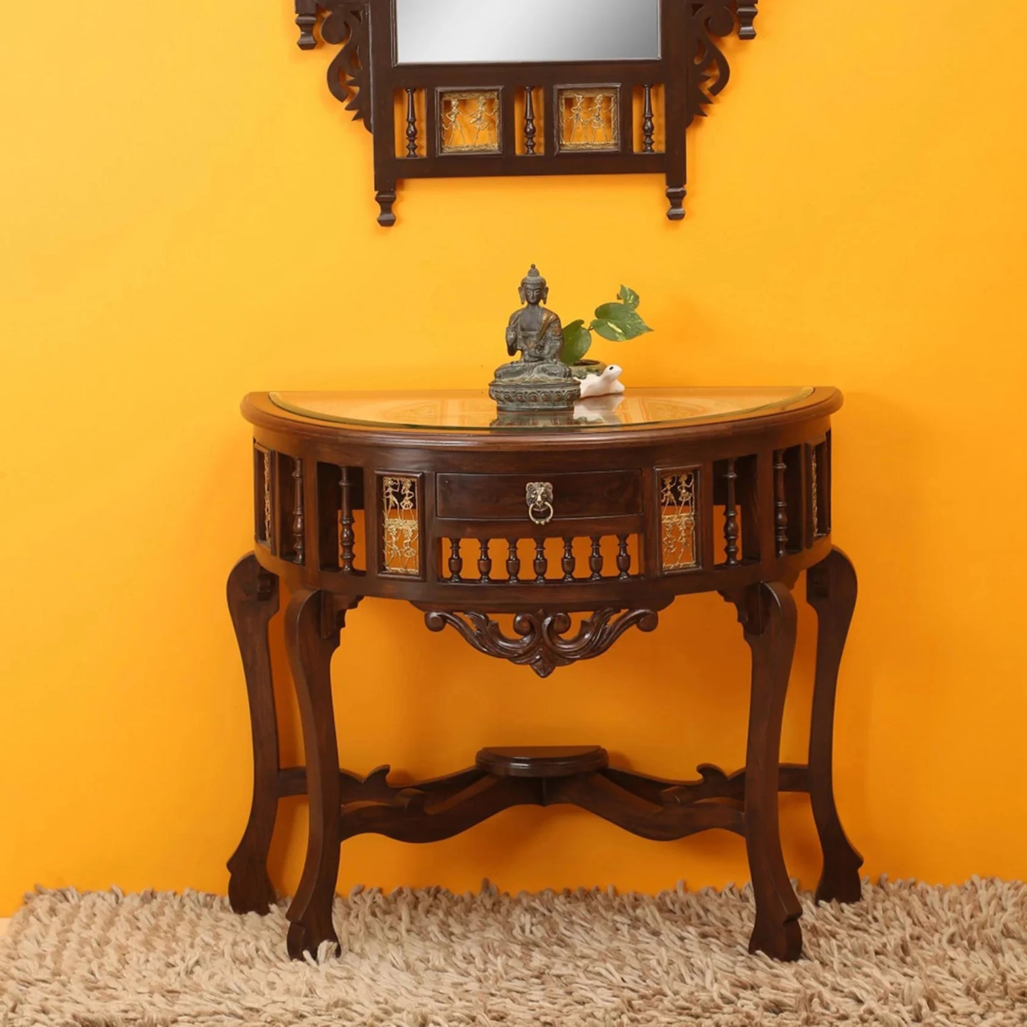 Awadh Solid Teakwood Console Table – 36-Inch Traditional Walnut Finish Foyer Table with Dhokra Metalcraft and Hand-Painted Art