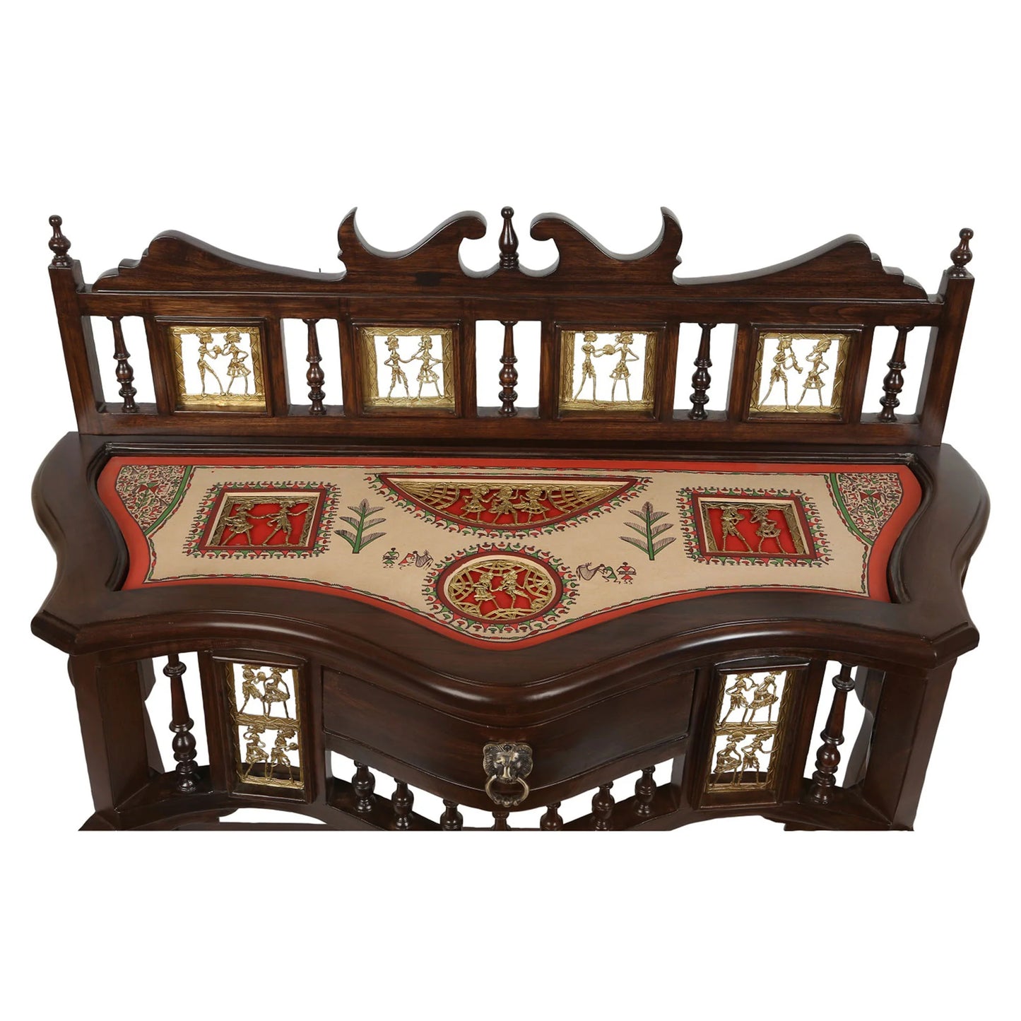 Royal Solid Teakwood Console Table – 36-Inch Traditional Walnut Finish Foyer Table with Crown Backcrest, Dhokra Metalcraft, and Hand-Painted Art