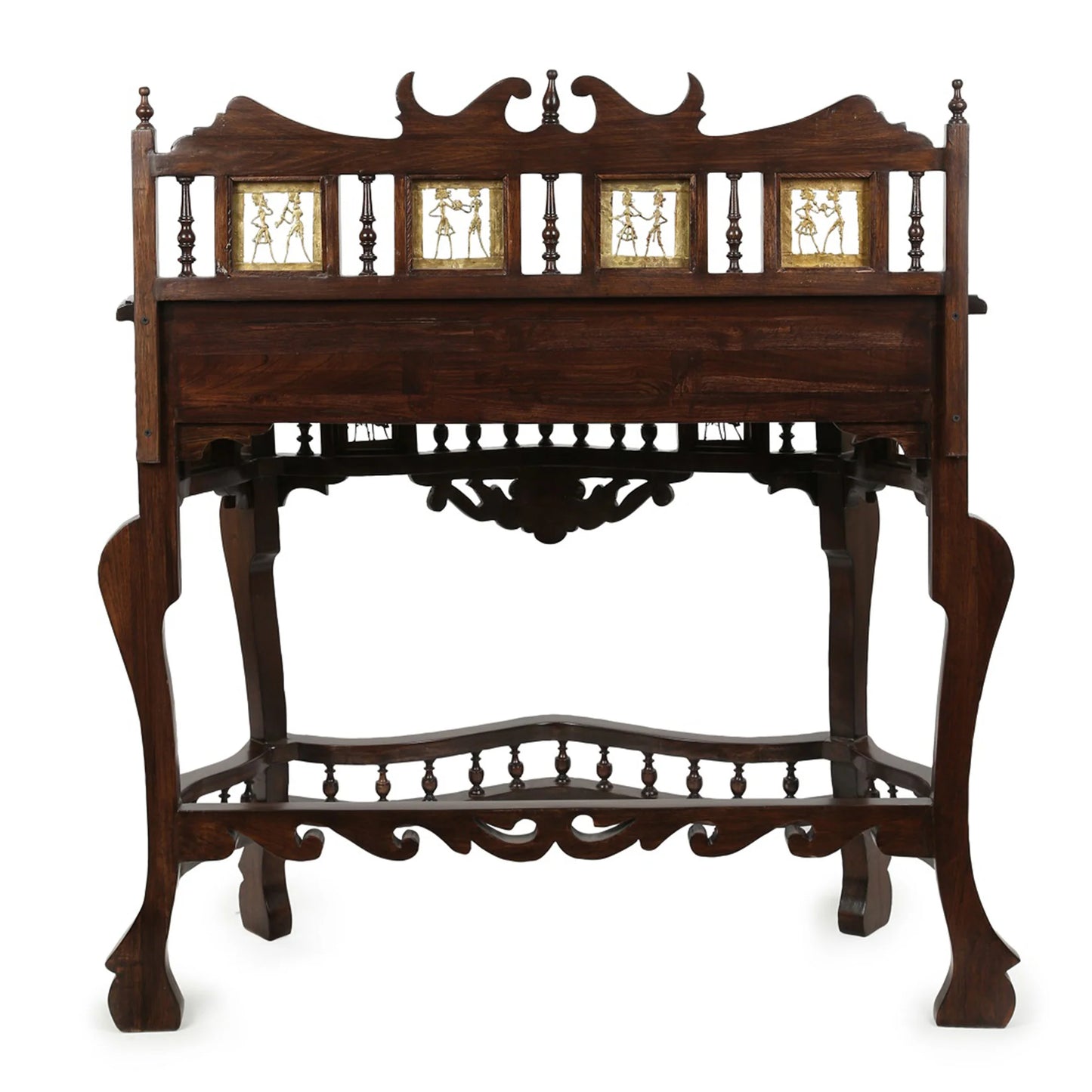 Royal Solid Teakwood Console Table – 36-Inch Traditional Walnut Finish Foyer Table with Crown Backcrest, Dhokra Metalcraft, and Hand-Painted Art