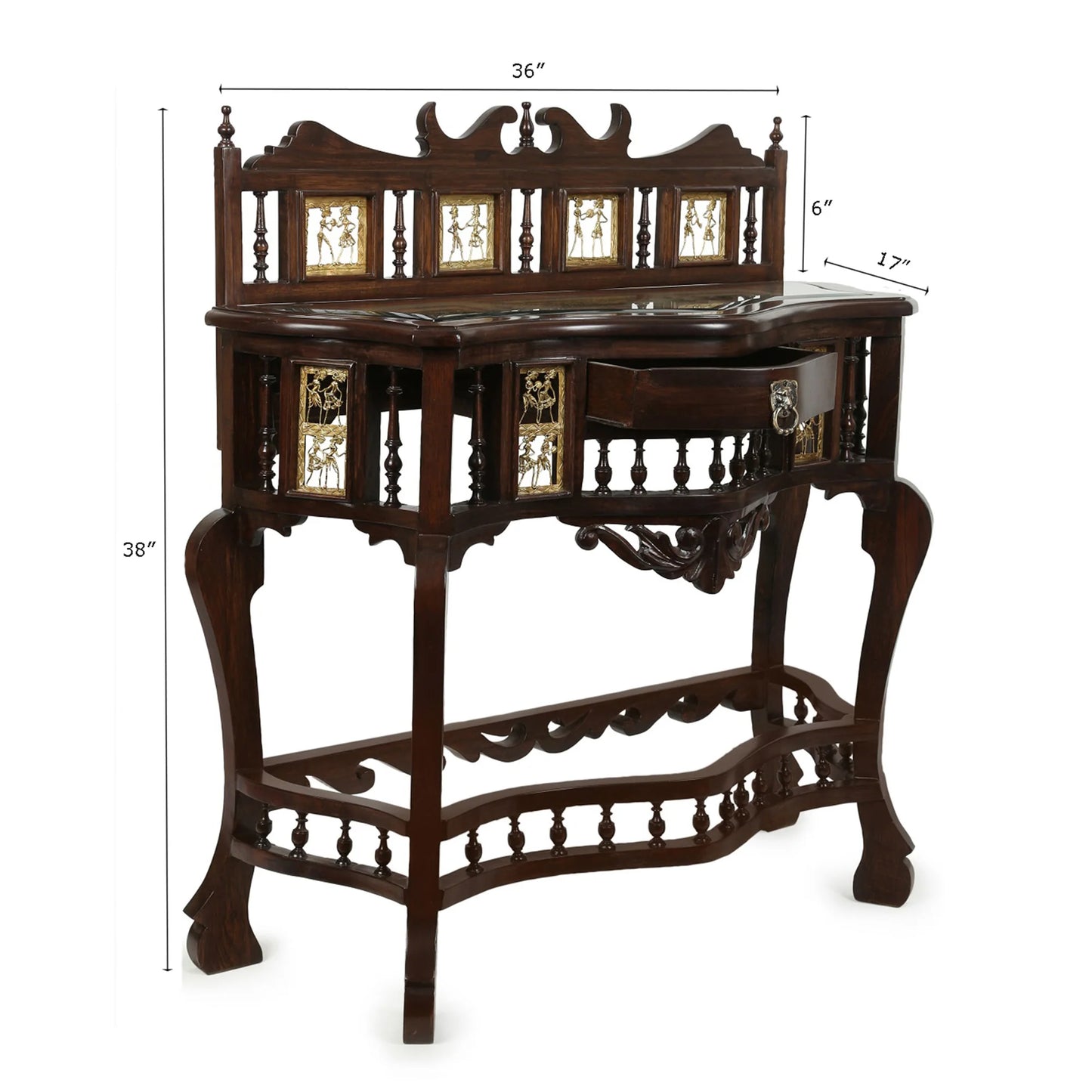 Royal Solid Teakwood Console Table – 36-Inch Traditional Walnut Finish Foyer Table with Crown Backcrest, Dhokra Metalcraft, and Hand-Painted Art