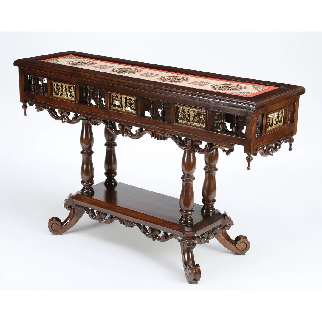 Crown Solid Teakwood Rectangular Console Table – 48-Inch Traditional Walnut Finish Foyer Table with Dhokra Metalcraft and Hand-Painted Art