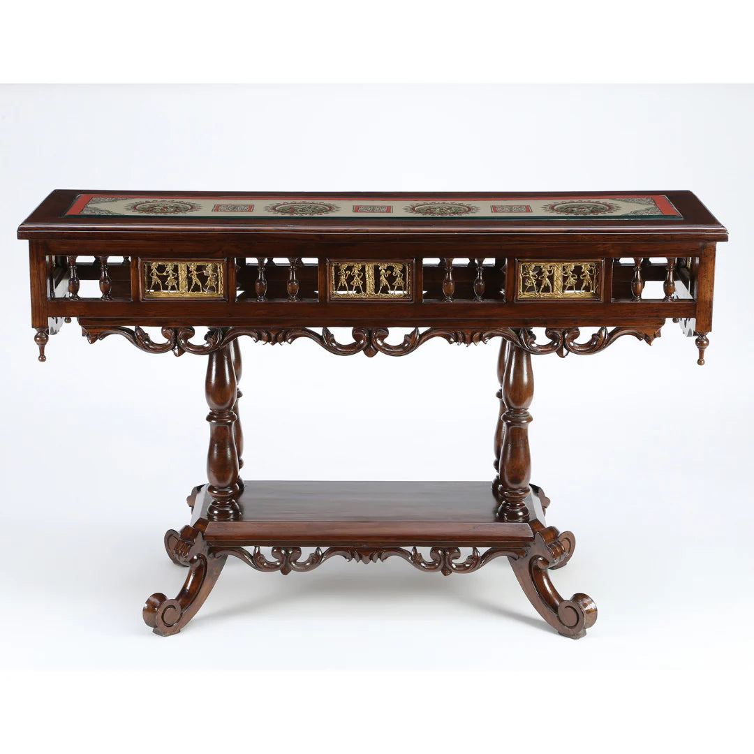 Crown Solid Teakwood Rectangular Console Table – 48-Inch Traditional Walnut Finish Foyer Table with Dhokra Metalcraft and Hand-Painted Art