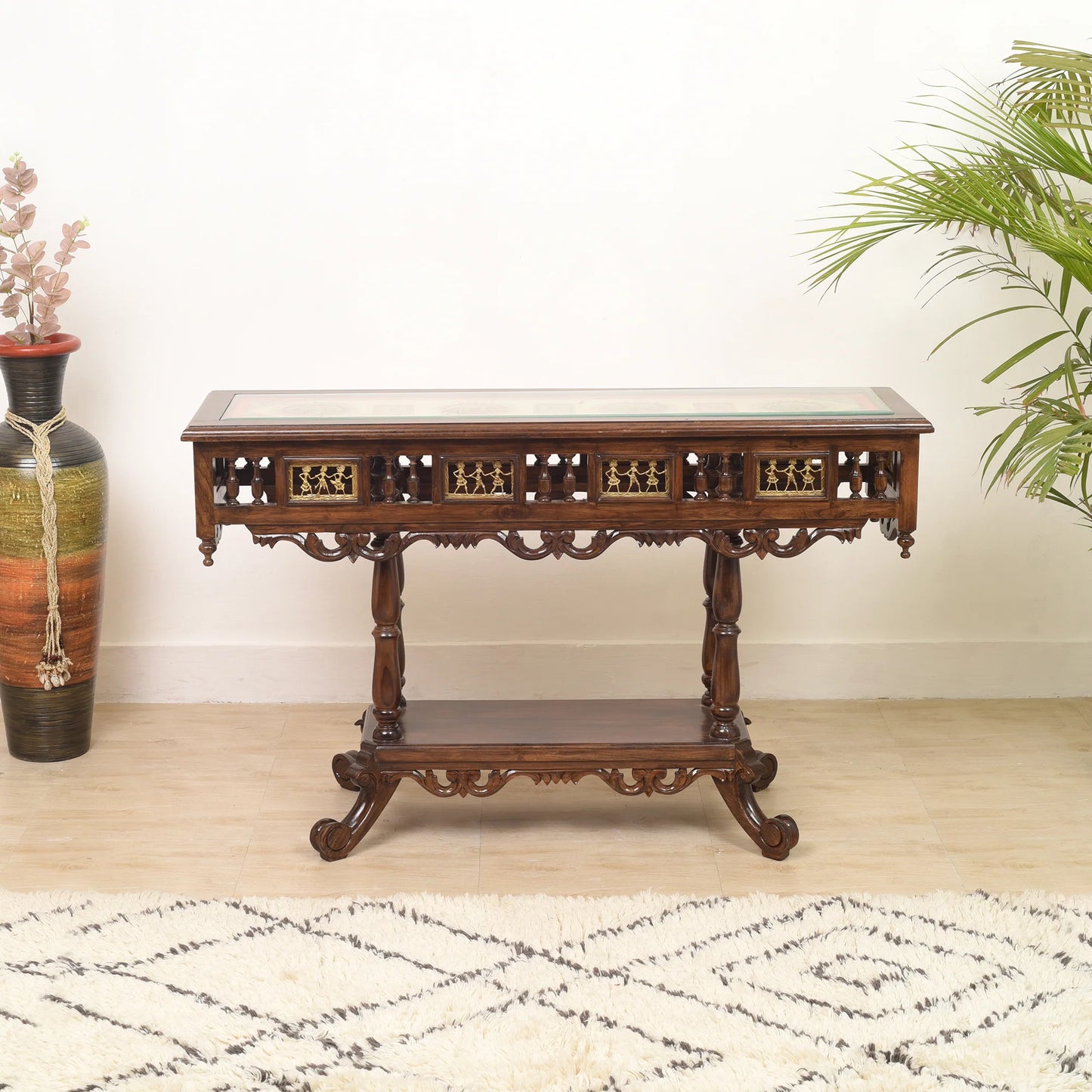 Crown Solid Teakwood Rectangular Console Table – 48-Inch Traditional Walnut Finish Foyer Table with Dhokra Metalcraft and Hand-Painted Art
