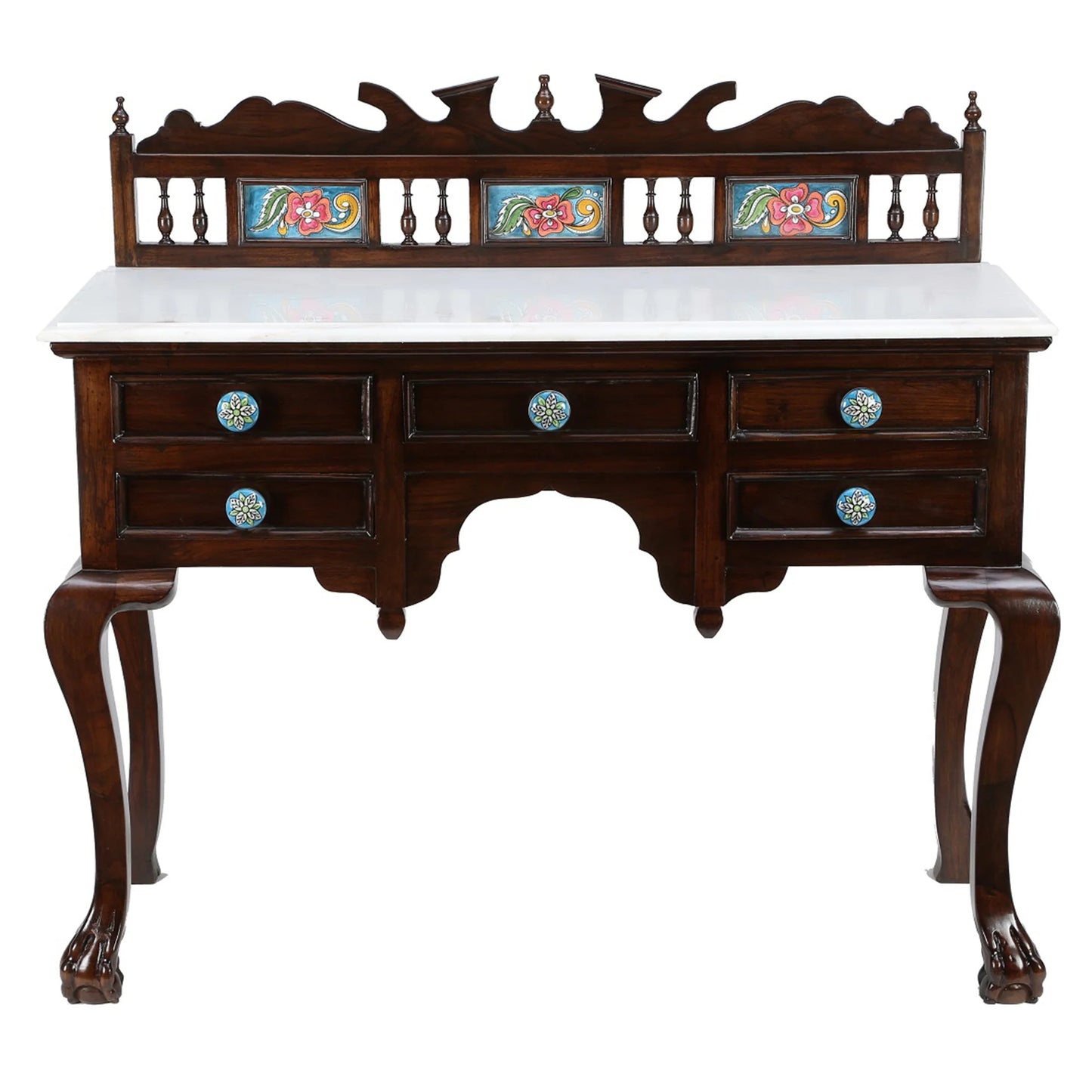 Faun Solid Teakwood Console Vanity Table – 42-Inch Traditional Walnut Finish Desk with Marble Top, Ceramic Tiles, and Oriental Claw-Foot Legs