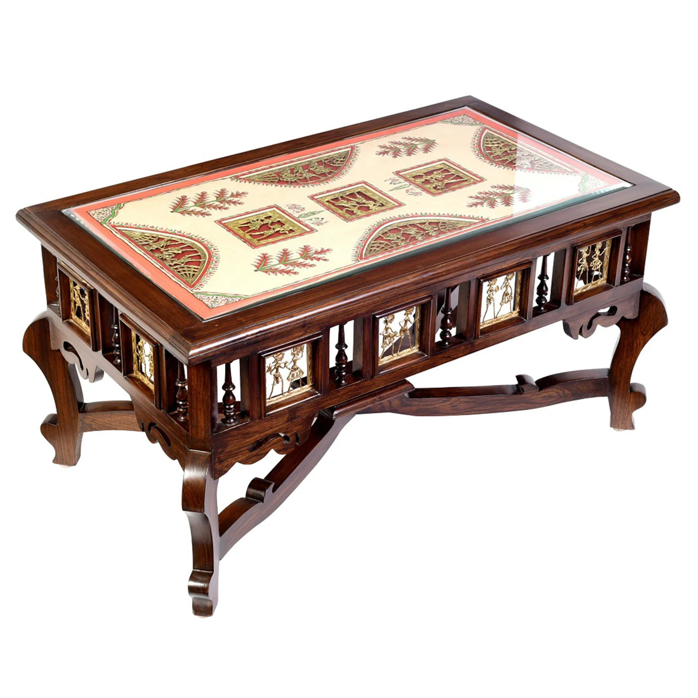 Teakwood Art Sofa Set (3+1+1+Center Table) | Walnut Finish