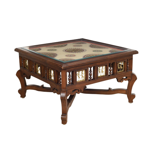 Vaari Solid Teakwood Square Coffee Table – 30-Inch Traditional Walnut Finish Center Table with Dhokra Metalcraft and Hand-Painted Art