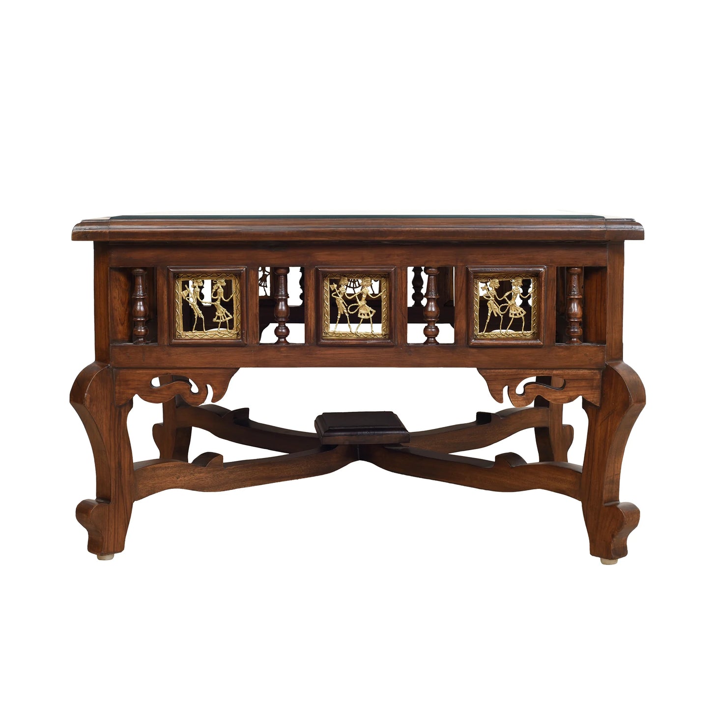 Vaari Solid Teakwood Square Coffee Table – 30-Inch Traditional Walnut Finish Center Table with Dhokra Metalcraft and Hand-Painted Art