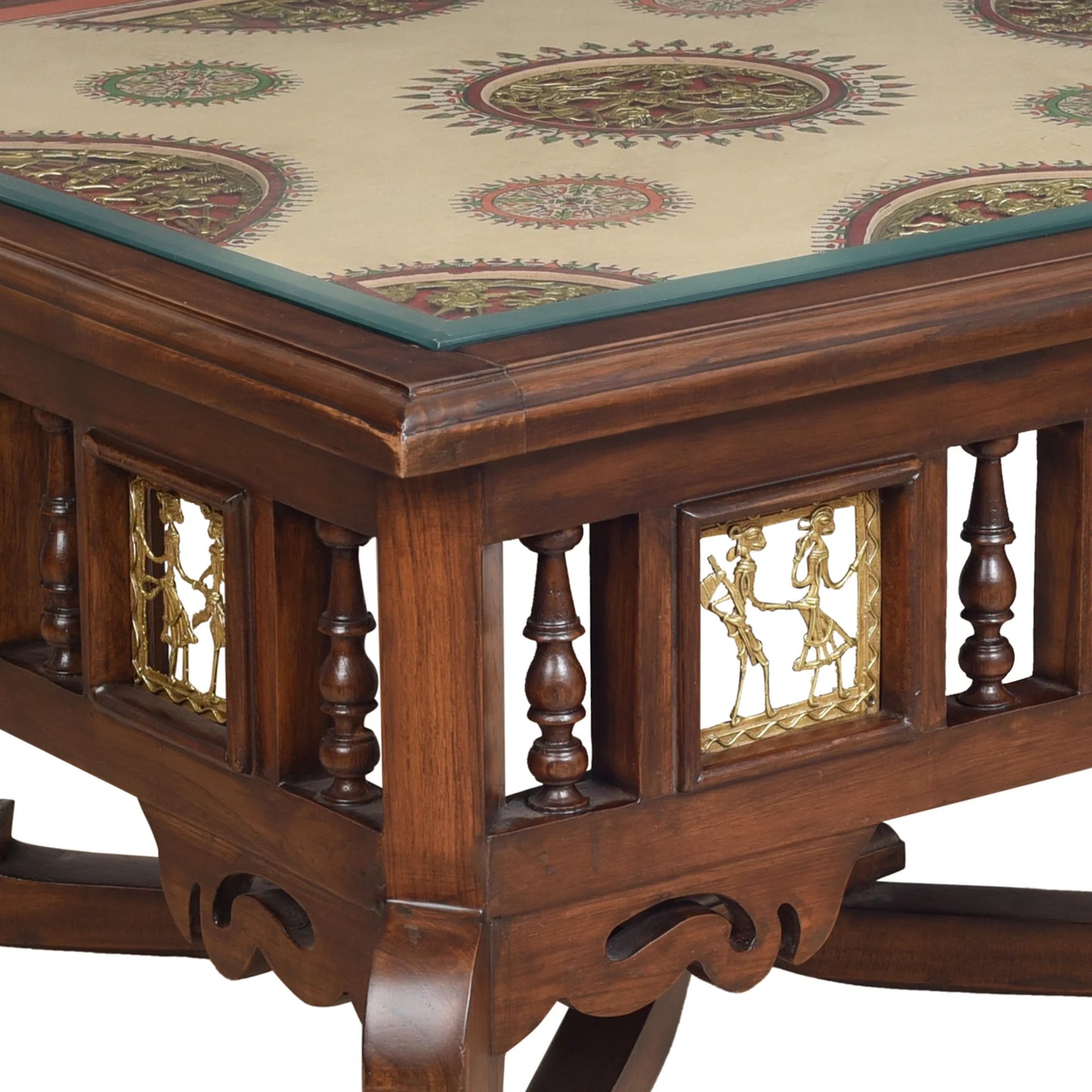 Vaari Solid Teakwood Square Coffee Table – 30-Inch Traditional Walnut Finish Center Table with Dhokra Metalcraft and Hand-Painted Art