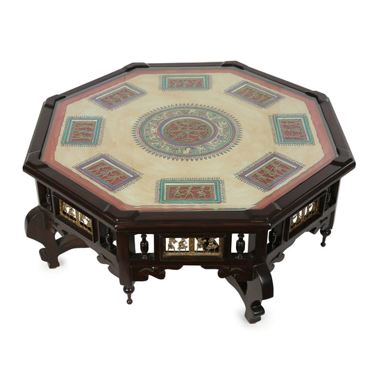Nube Solid Teakwood Octagonal Coffee Table – 34-Inch Traditional Walnut Finish Center Table with Dhokra Metalcraft and Hand-Painted Art