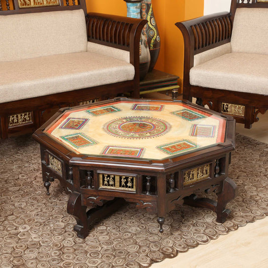 Nube Solid Teakwood Octagonal Coffee Table – 34-Inch Traditional Walnut Finish Center Table with Dhokra Metalcraft and Hand-Painted Art