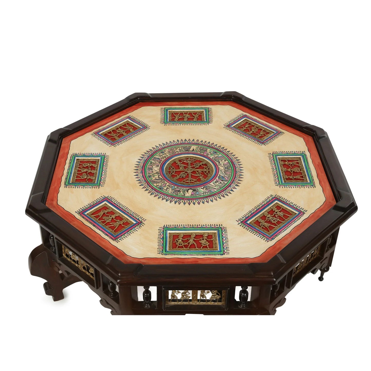 Nube Solid Teakwood Octagonal Coffee Table – 34-Inch Traditional Walnut Finish Center Table with Dhokra Metalcraft and Hand-Painted Art
