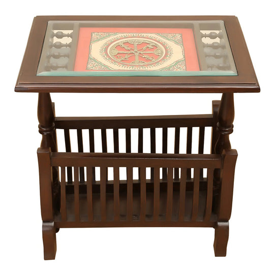 Kylie Premium Teakwood End Table – Integrated Magazine Stand with Warli & Dhokra Art
