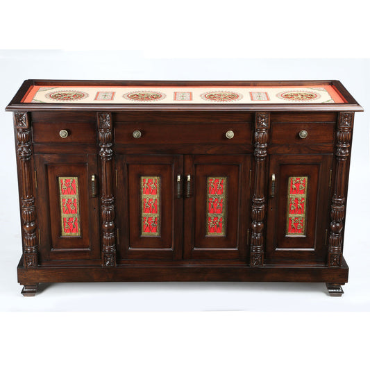 60-Inch Frio Teakwood Sideboard – Walnut Finish Buffeteria with Dhokra Brass Panels