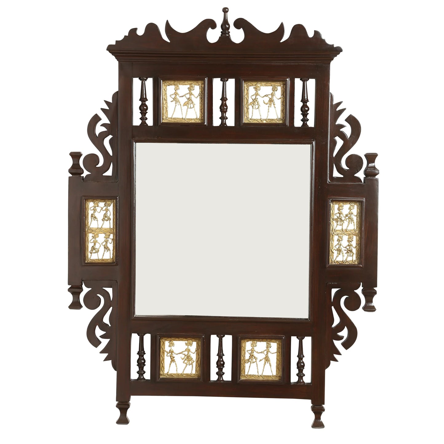 Lavanya Solid Teakwood Wall Mirror – 36-Inch Traditional Walnut Finish Statement Mirror with Crown Backcrest and Dhokra Metalcraft Brass Panels