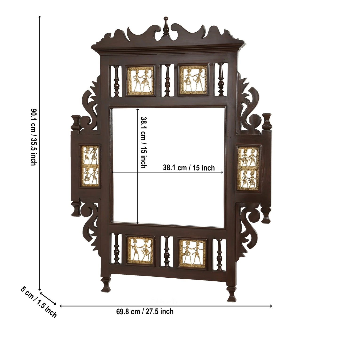 Lavanya Solid Teakwood Wall Mirror – 36-Inch Traditional Walnut Finish Statement Mirror with Crown Backcrest and Dhokra Metalcraft Brass Panels