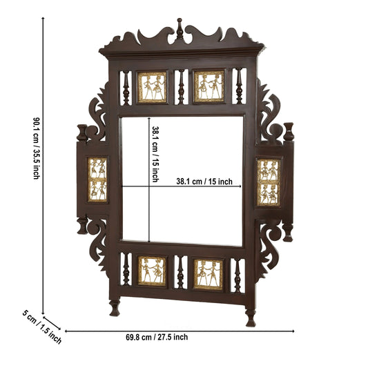 Lavanya Solid Teakwood Wall Mirror – 36-Inch Traditional Walnut Finish Statement Mirror with Crown Backcrest and Dhokra Metalcraft Brass Panels