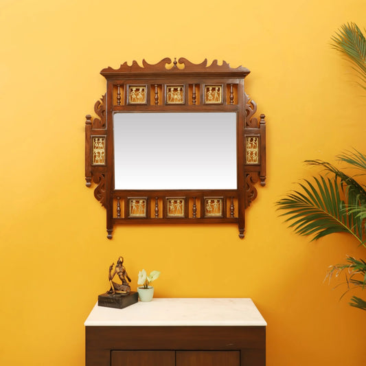 Soumya Solid Teakwood Wall Mirror – 36x36 Inch Traditional Walnut Finish Statement Mirror