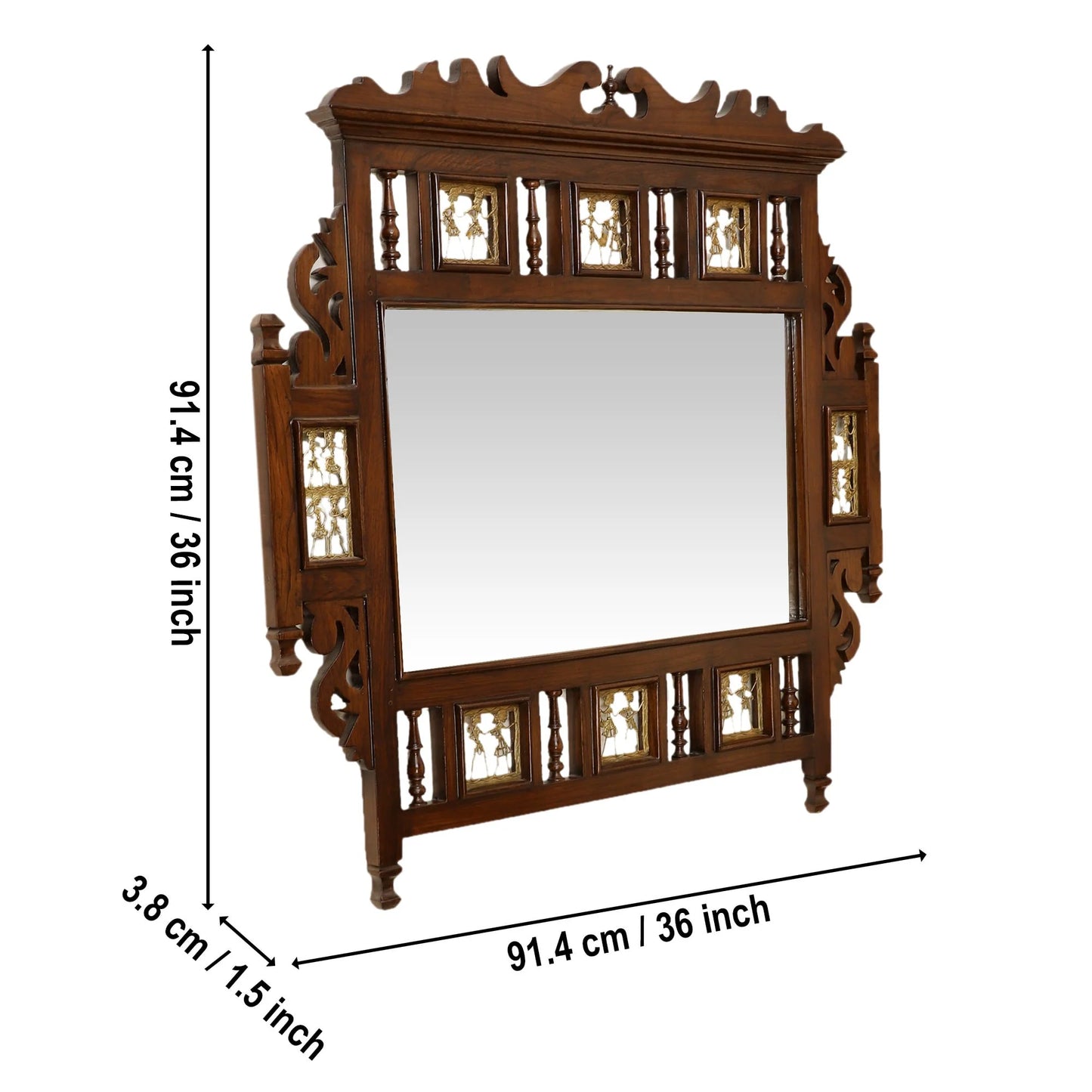 Soumya Solid Teakwood Wall Mirror – 36x36 Inch Traditional Walnut Finish Statement Mirror